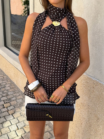 Sleeveless Backless Polka Dot Halter-Neck Tank Top