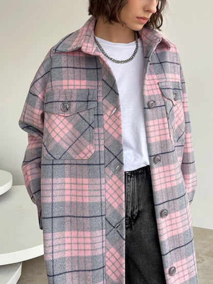 Long Sleeves Loose Plaid Pockets Lapel Woolen Coat