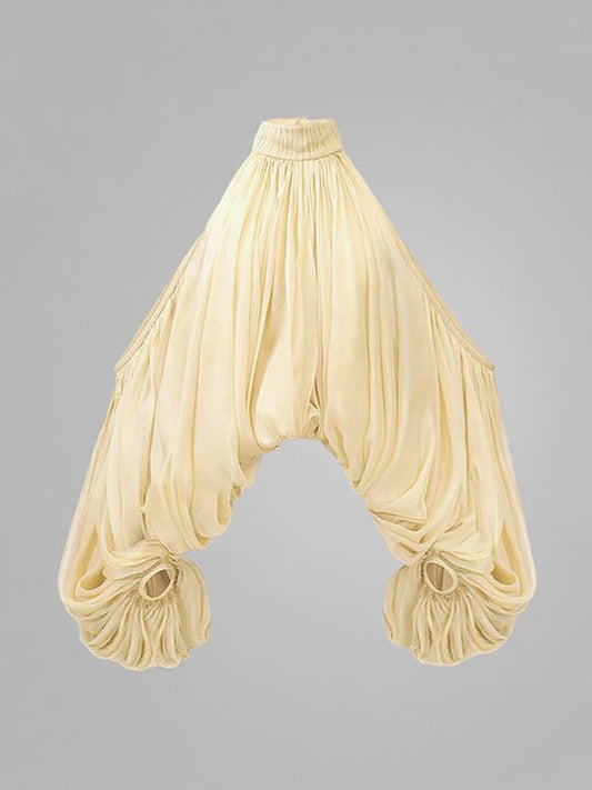 Long Sleeves Loose Pleated Solid Color Tied Halter-Neck Blouses&Shirts Tops