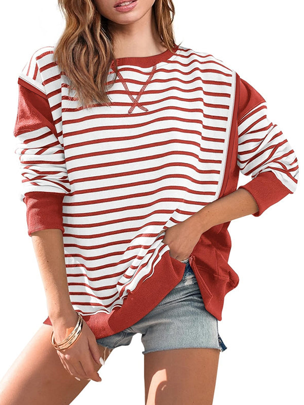 Long Sleeves Loose Split-Joint Striped Round-Neck T-Shirts