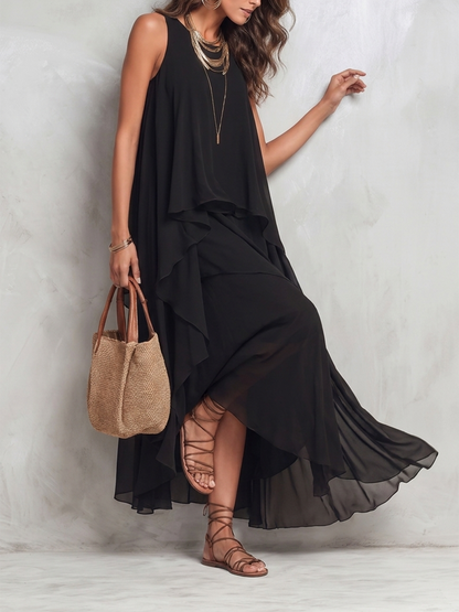 A-Line Loose Layered Solid Color Round-Neck Maxi Dresses