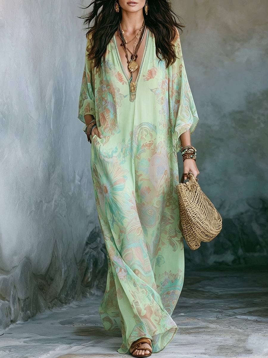 Printed Pockets Loose Contrast Color Plus Size V-neck Maxi Dresses