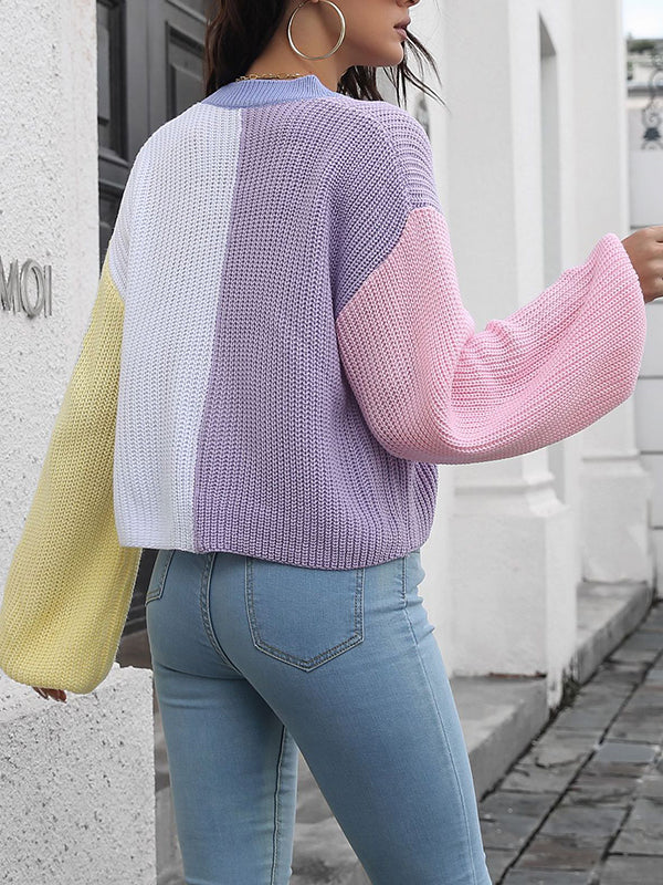 Long Sleeves Loose Contrast Color Split-Joint V-Neck Cardigan Tops