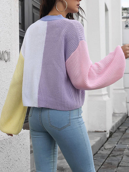 Long Sleeves Loose Contrast Color Split-Joint V-Neck Cardigan Tops