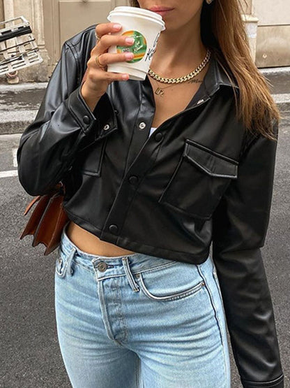Long Sleeves Loose Split-Joint Lapel PU Jackets