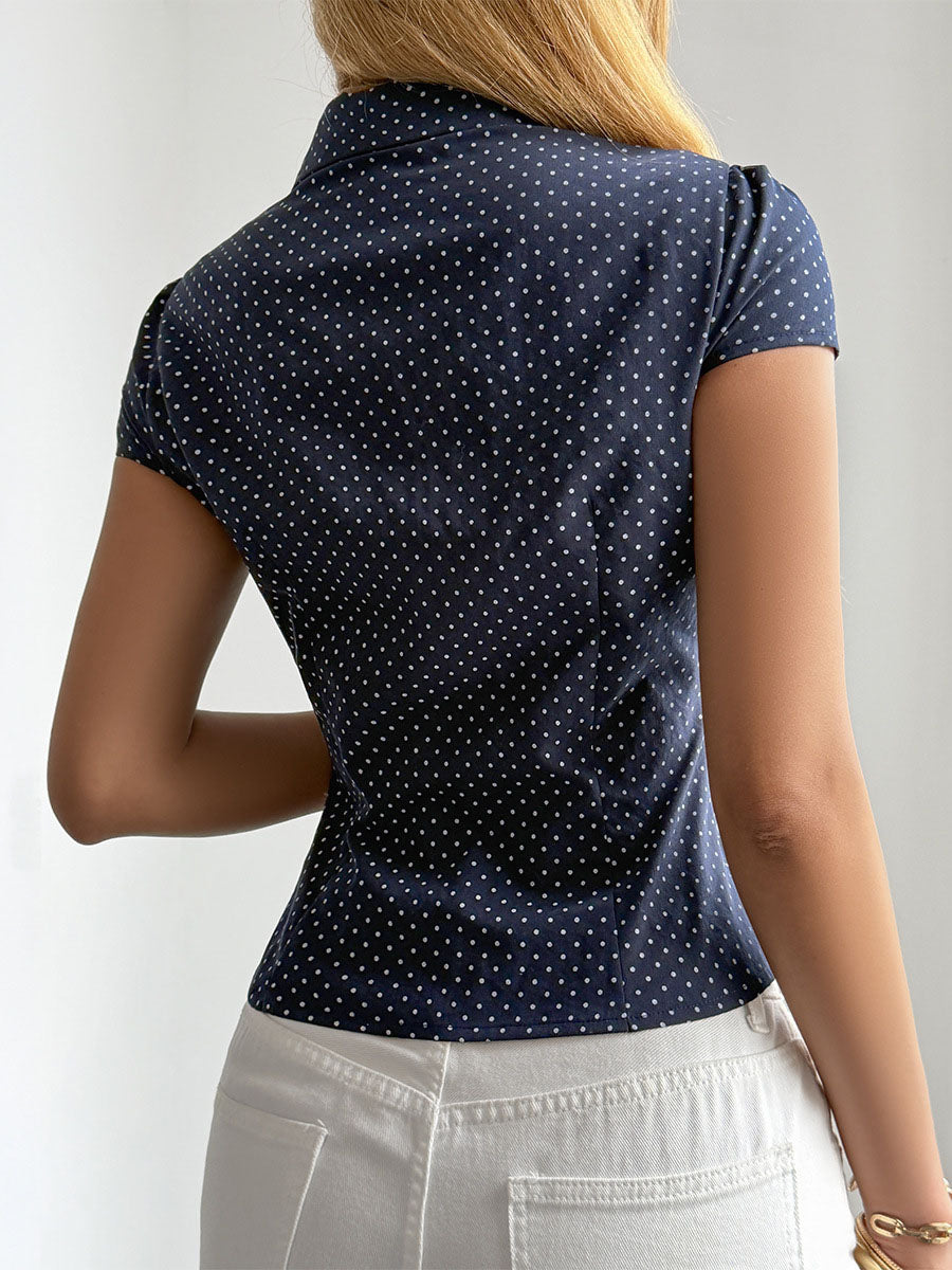 Short Sleeves Buttoned Contrast Color Polka Dot Lapel Blouses&Shirts Tops