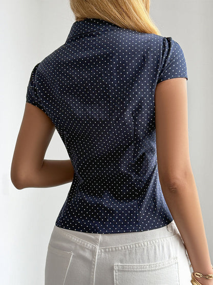 Short Sleeves Buttoned Contrast Color Polka Dot Lapel Blouses&Shirts Tops