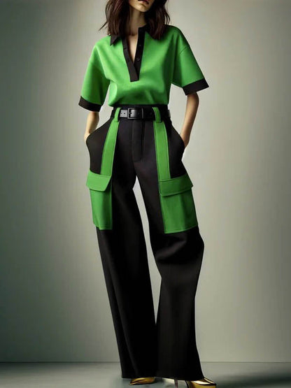 Half Sleeves Loose Contrast Color No Belt Pockets Split-Joint V-Neck Casual Pants Bottoms Trousers