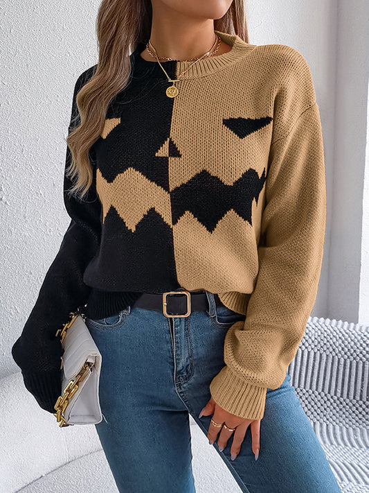 Long Sleeves Loose Contrast Color Split-Joint Round-Neck Pullovers Sweater Tops