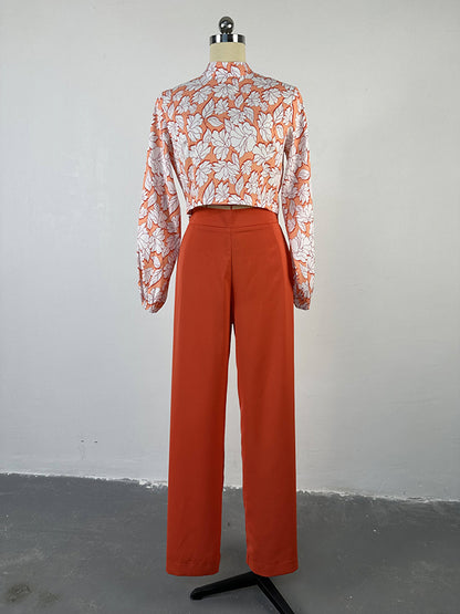 Long Sleeves Flower Print Hollow Mock Neck Shirts Top + High Waisted Pants Bottom Two Pieces Set
