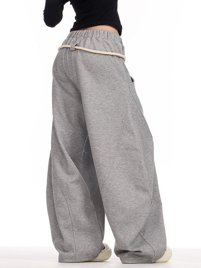 High Waisted Loose Drawstring Elasticity Pockets Solid Color Pants Trousers