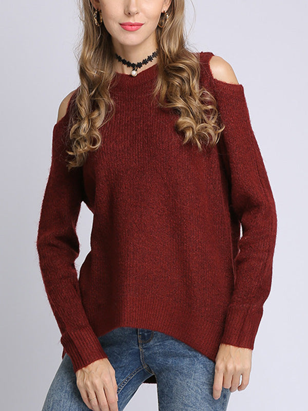 Long Sleeves Loose Hollow Solid Color Round-Neck Knitwear Pullovers Sweater Tops