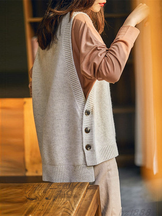 Casual Sleeveless Loose Solid Color Round-Neck Knitting Vest Outerwear