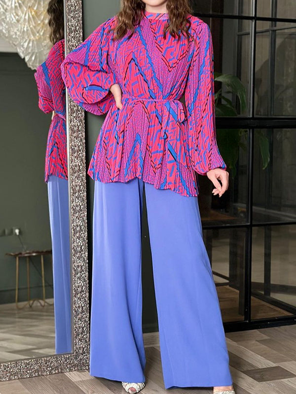 Bishop Sleeve Pleated Printed Tied Waist Round-Neck Shirts Top + High Waisted Pants Bottom Two Pieces Set