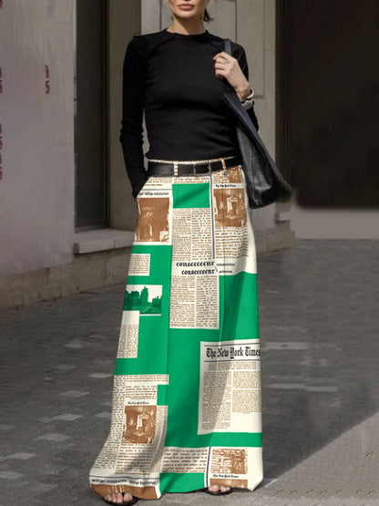High Waisted Loose Newspaper Print Pockets Skirts Bottoms