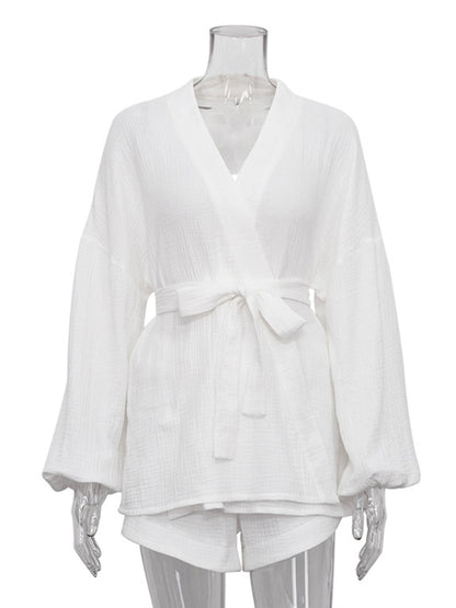 Long Sleeves Elasticity Solid Color Tied Waist V-Neck Blouses Tops + High Waisted Shorts Bottom Two Pieces Set