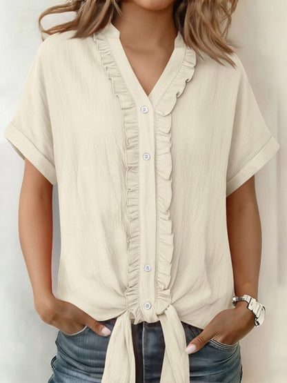 Loose Short Sleeves Buttoned Knot Ruffle Trim Solid Color V-Neck Blouses&Shirts Tops