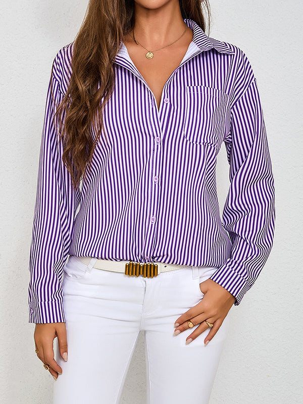 Long Sleeves Loose Split-Joint Striped Lapel Blouses