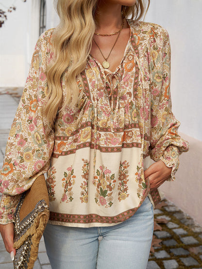 Long Sleeves Loose Contrast Color Drawstring Flower Print Pleated Split-Joint V-Neck Blouses&Shirts Tops