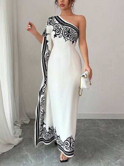 Batwing Sleeves Loose Asymmetric Elasticity Flower Print Pleated One-Shoulder Maxi Dresses