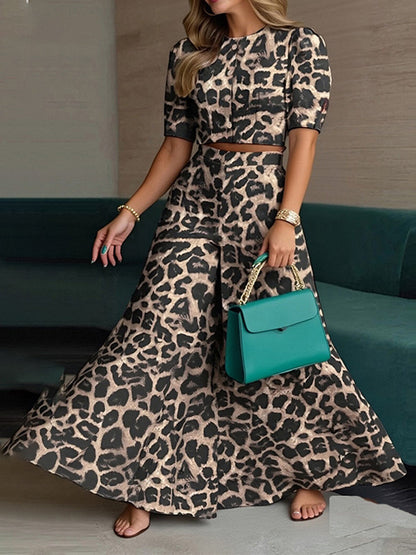 High Waisted Loose Buttoned Leopard Round-Neck Blouses Top + Pants Bottom Two Pieces Set