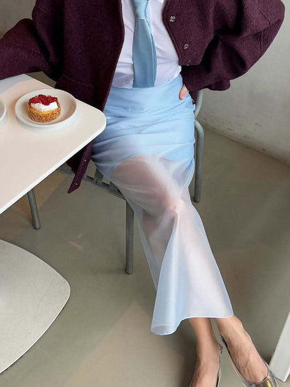 Elasticated Waist High Waisted Layered See-Through Solid Color Split-Joint Skirts Bottoms