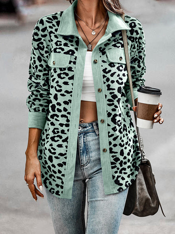 Long Sleeves Loose Buttoned Leopard Pockets Split-Joint Lapel Jackets Outerwear