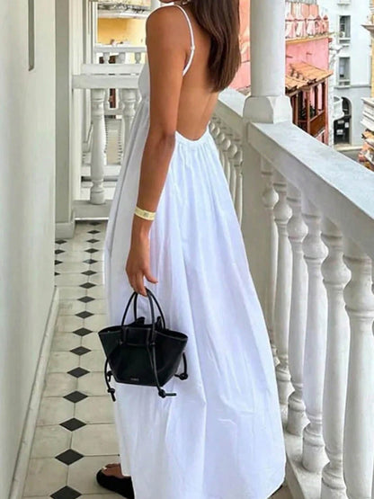 Solid Color Pleated Elasticity Backless Sleeveless High Waisted Spaghetti-Neck Midi Dresses