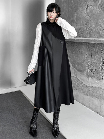Irregularity Loose Asymmetric Buttoned Solid Color Split-Joint High Neck Midi Dresses