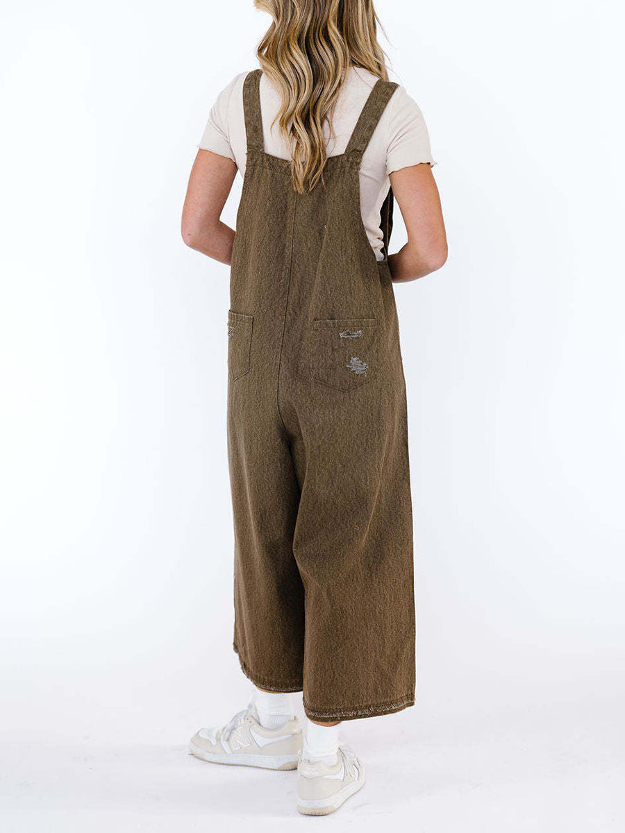 Cropped Wide Leg Buttoned Pockets Solid Color Adjustable Straps Overalls