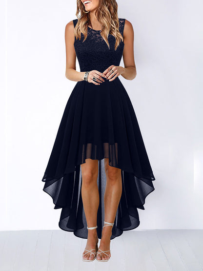A-Line High Waisted Pleated See-Through Split-Joint Tied Waist Round-Neck Maxi Dresses