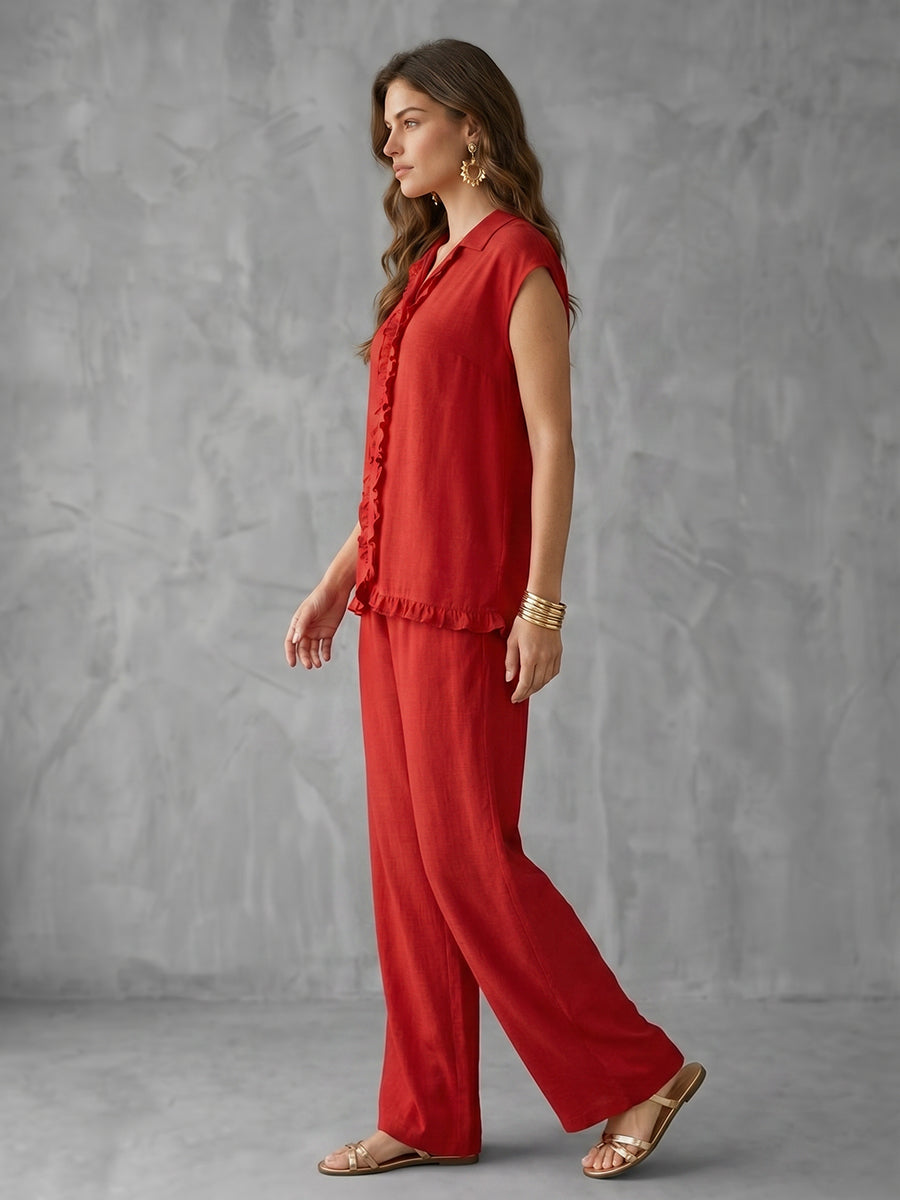 Solid Color Split-Joint Lapel Cap Sleeve Buttoned Ruffled Blouses&Shirts Tops + High Waisted Pockets Pants Trousers Two Pieces Set