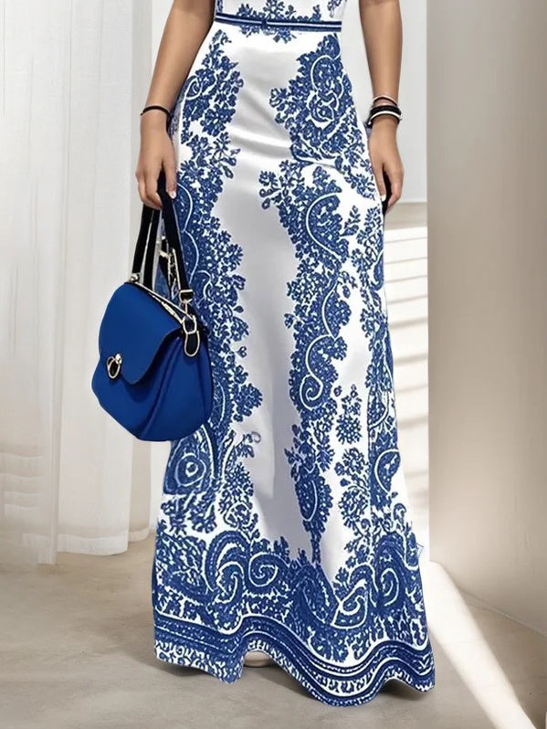 Bodycon High Waisted Flower Print Hollow Pockets Cold Shoulder Maxi Dresses