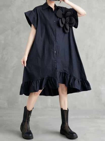 Loose Short Sleeves Asymmetric Buttoned Ruffled Solid Color Three-Dimensional Flower Lapel Midi Dresses