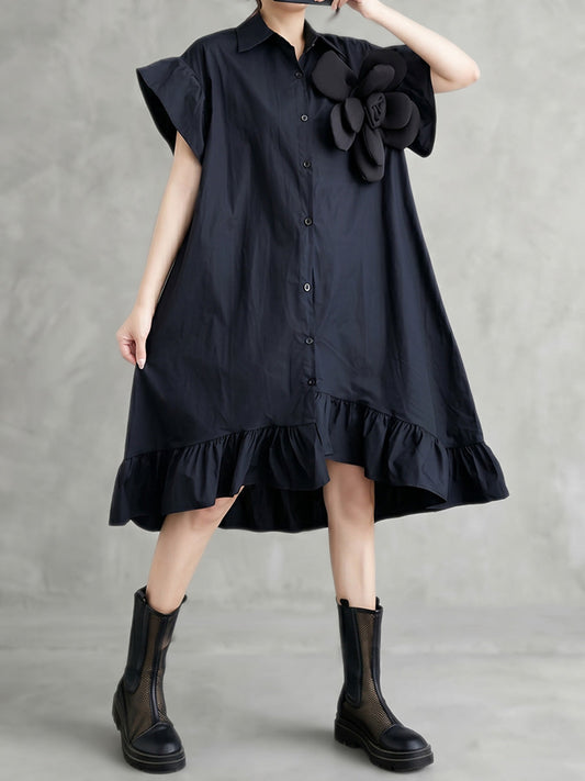Loose Short Sleeves Asymmetric Buttoned Ruffled Solid Color Three-Dimensional Flower Lapel Midi Dresses
