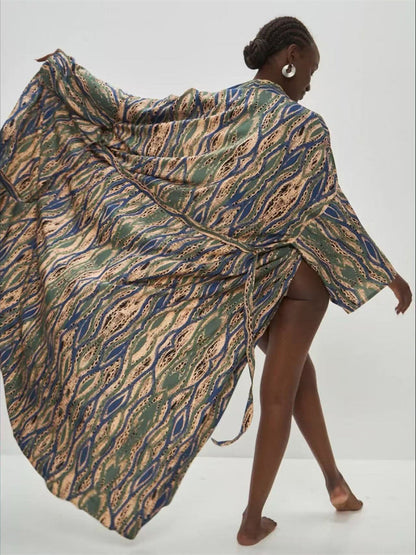 Batwing Sleeves Long Sleeves Contrast Color Printed Tied Waist Deep V-Neck Cover-Up
