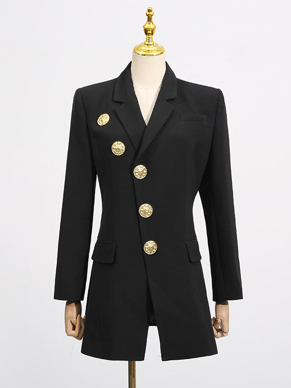 Long Sleeves Loose Buttoned Pockets Solid Color Notched Collar Blazer Outerwear