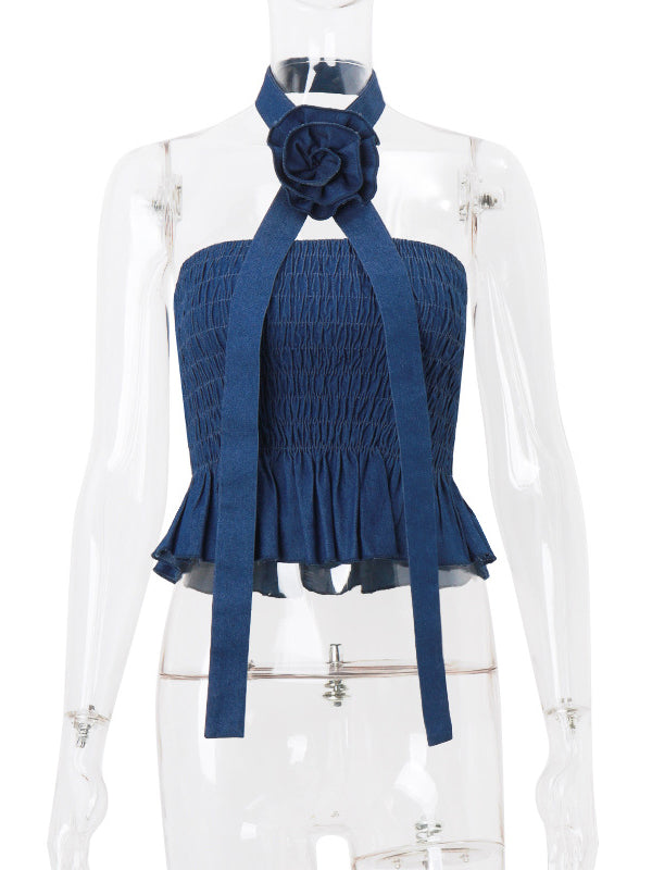 Skinny Sleeveless Elasticity Pleated Ruffled Three-Dimensional Flower Tied Waist Tube Vest Top