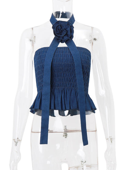 Skinny Sleeveless Elasticity Pleated Ruffled Three-Dimensional Flower Tied Waist Tube Vest Top