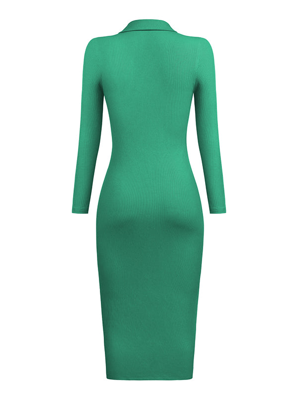 High Waisted Long Sleeves Buttoned Solid Color Lapel Midi Dresses