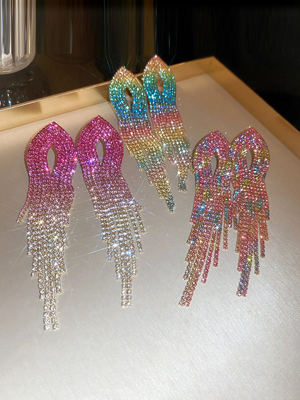 Gradient Hollow Rhine Stones Tasseled Drop Earrings