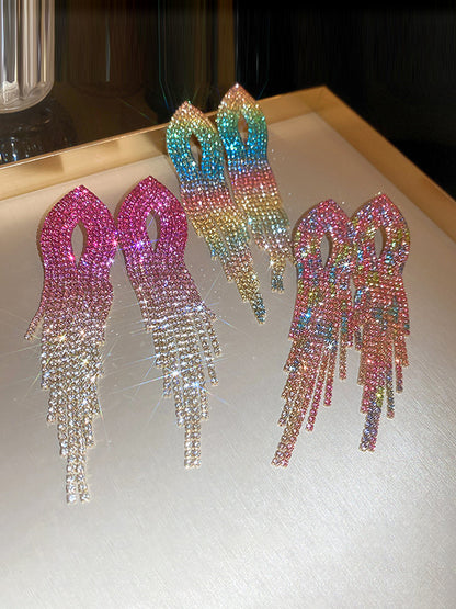 Gradient Hollow Rhine Stones Tasseled Drop Earrings