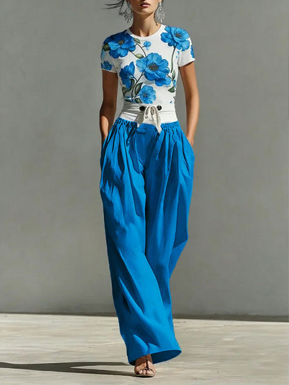 Short Sleeves Contrast Color Flower Print Round-Neck T-Shirts Tops