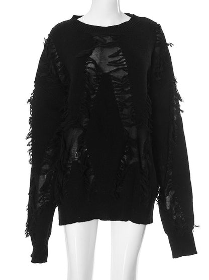 Long Sleeves Loose Solid Color Tasseled Round-Neck Pullovers Sweater Tops