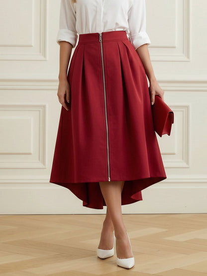 A-Line High-Low Pleated Pockets Solid Color Zipper Skirts Bottoms