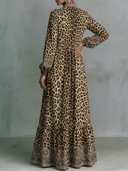 A-Line High Waisted Buttoned Contrast Color Leopard Pockets Printed Split-Joint Stand Collar Maxi Dresses