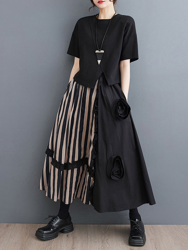 Elastics High Waisted Loose Flower-Embellished Split-Joint Skirts Bottoms