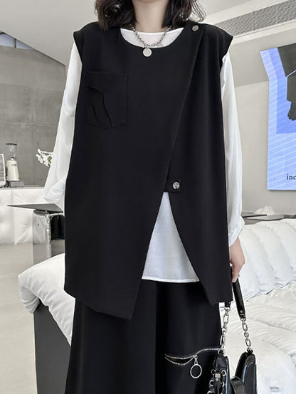 Loose Sleeveless Asymmetric Zipper Round-Neck Vest Top