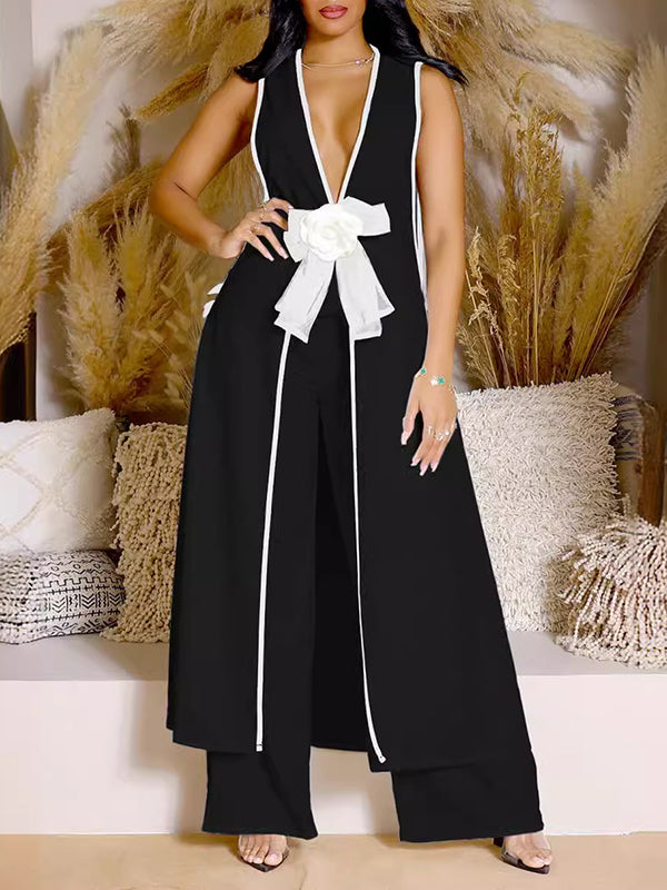 Sleeveless Contrast Color Split-Joint V-Neck Top + Wide Leg Pants Trousers Two Pieces Set