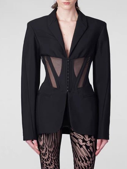 Long Sleeves Buckle Gauze See-Through Solid Color Split-Joint Notched Collar Blazer